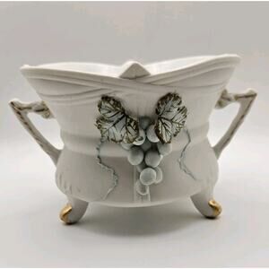 Lefton Footed Bowl‎ #2189 Vintage. Aqua Leaves/Grapes w/ Gold Embellished Feet